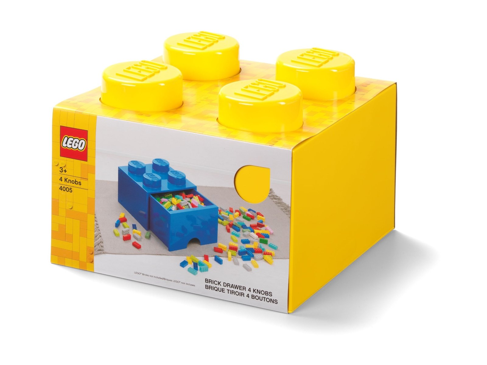 LEGO 5006170 Żółte pudełko w kształcie klocka z czterema wypustkami i szufladami